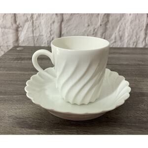 H&C: L France Tea Cup and Saucer Demitasse Set Fine Porcelain White Swirl